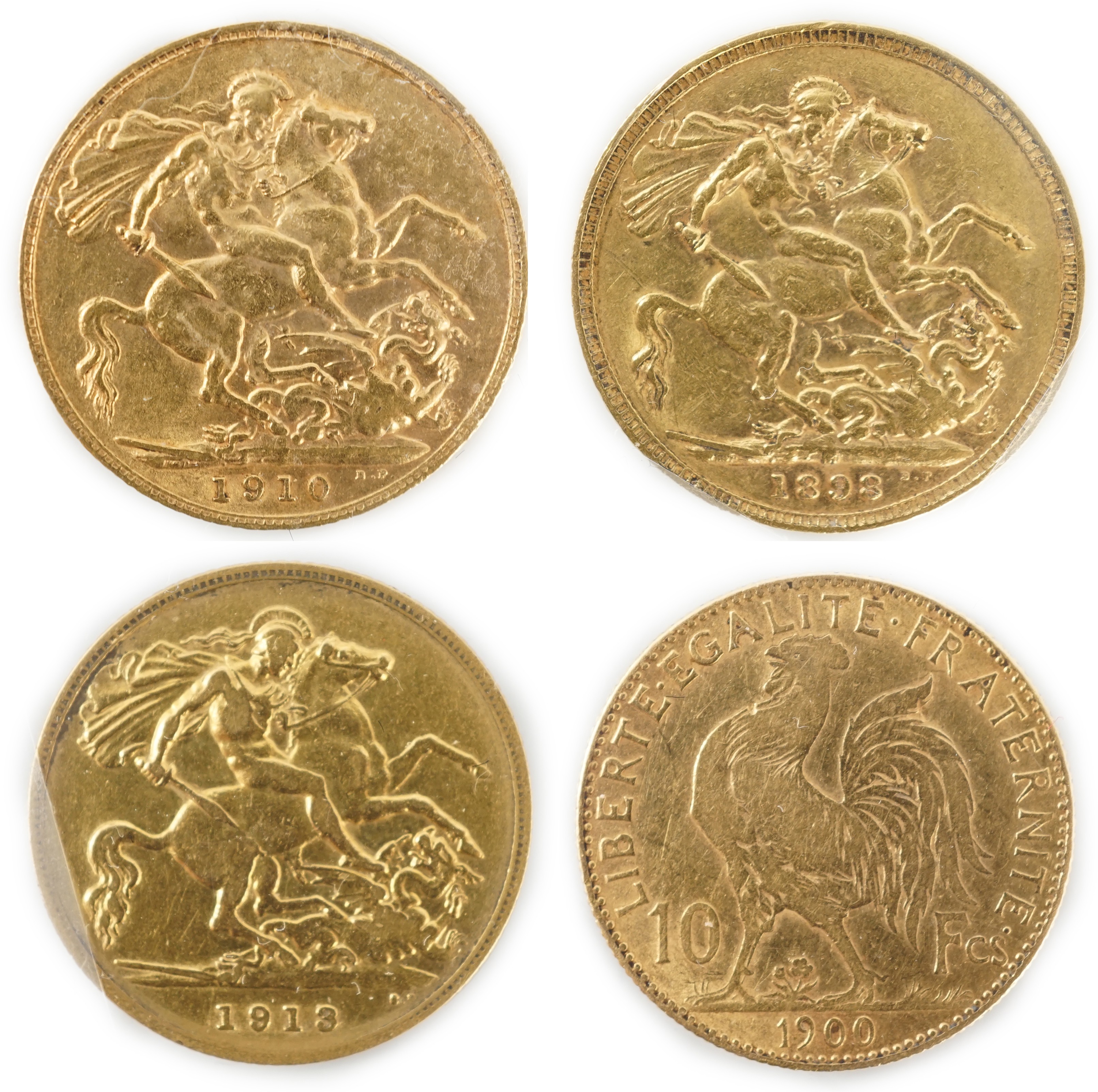 Two gold sovereigns, Victoria 1898M and Edward VII 1910, a George V half sovereign 1913 and a France gold 10 francs 1900 (test mark to portrait).